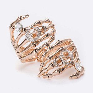 Crystal Skull Skeleton Hands Statement Bangle - Gold